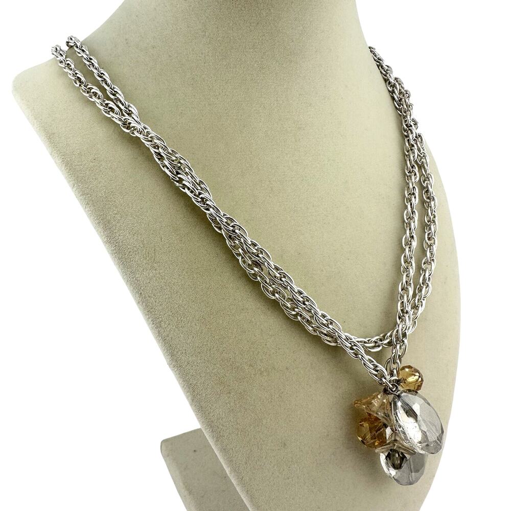 Handmade Artisan Lariat Glass Crystal Flower Dangle Silver Tone 43” Necklace